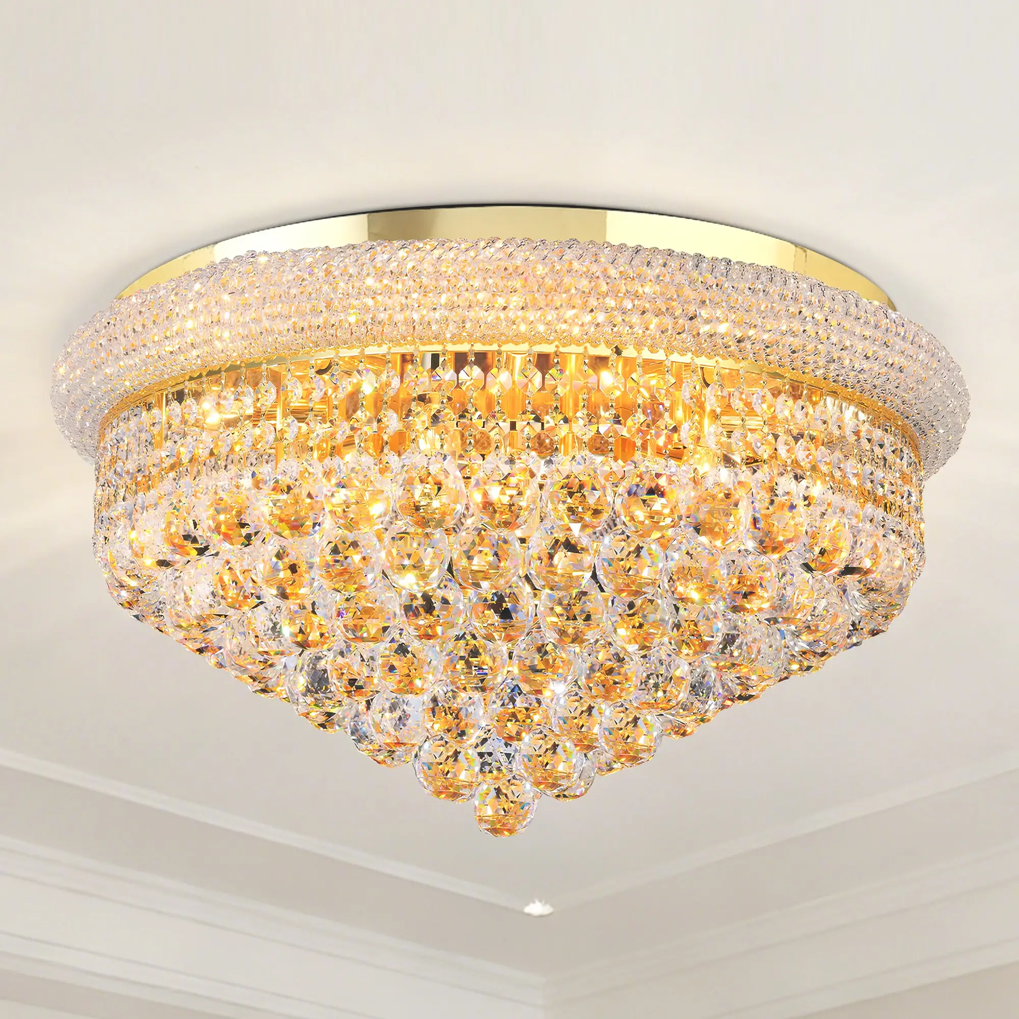 23 Inch Modern Gold 6-Layer K9 Crystal Flush Mount Ceiling Light, E14 Base with Remote Control for Bedroom Living Room