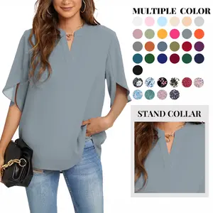 Women's Elegant V-Neck Loose Chiffon Blouse - Lady's Casual Short-Sleeve Dressy Shirt with Stand Collar, Ruffle Split Sleeves, Comfortable Breathable Fabric Top for Office, Daily Wear #Springfresh,summervibes
