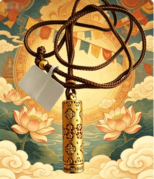 18K Gold Plated Taoist Mantra Pendant with Inlaid Zircon, Hollow Scripture Tube Amulet Necklace