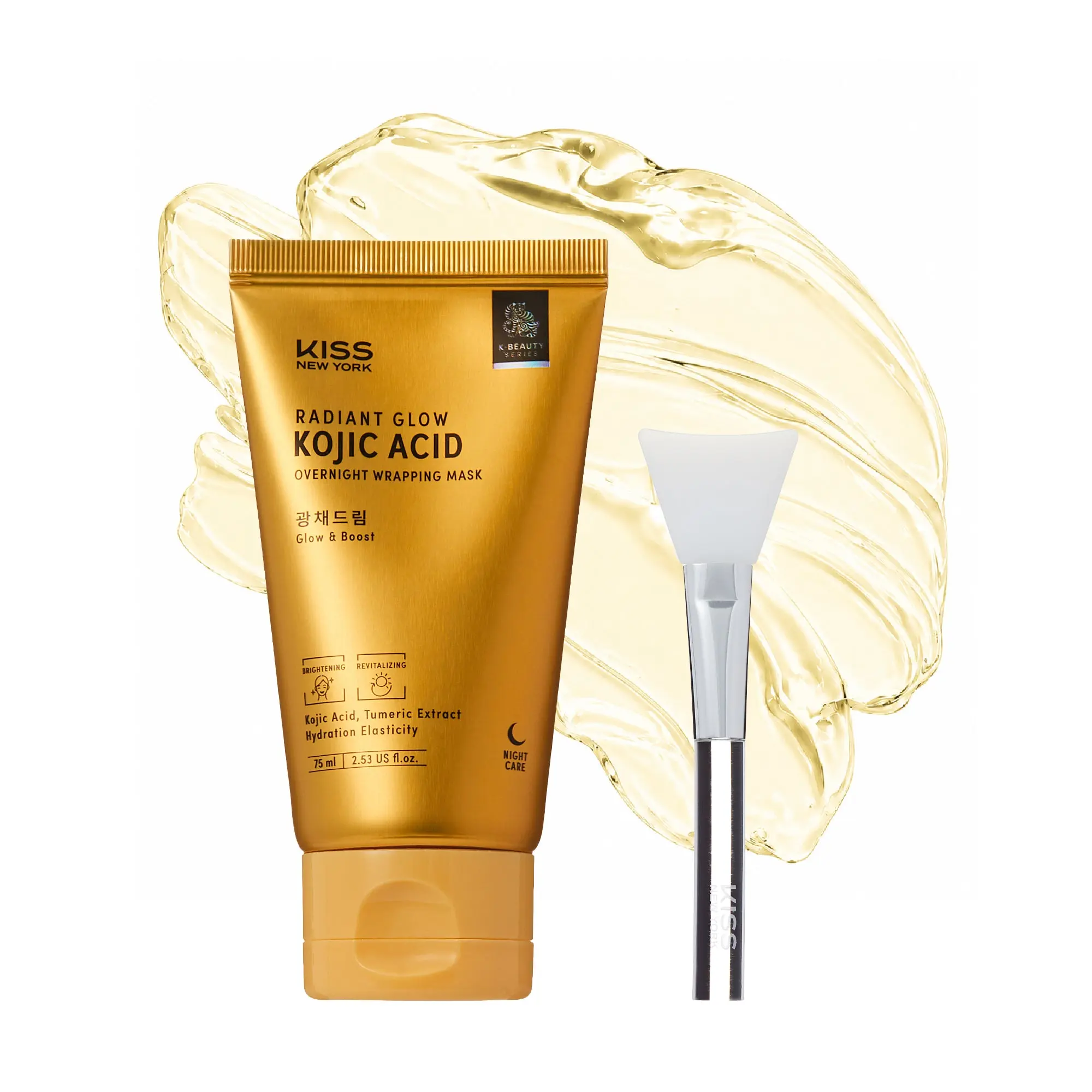 KISS NEW YORK Radiant Glow Kojic Acid Overnight Wrapping Mask - Brightening & Revitalizing Peel-Off Sleep Mask with Turmeric (Includes Brush)
