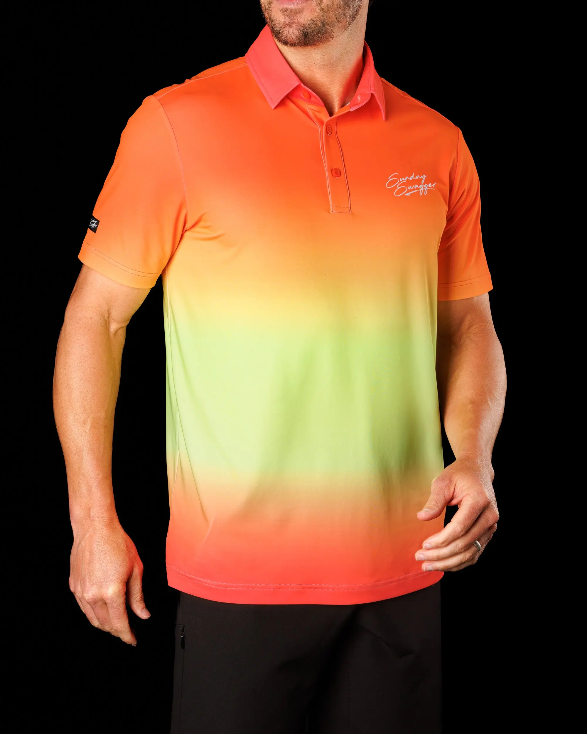 Sunday Swagger Men's Casual Gradient Tequila Sunrise Polo Shirt - Breathable, Moisture-Wick, Wrinkle-Resistant Menswear Top with Spandex Fabric Sunday Swagger Men's Casual Gradient Tequila Sunrise Polo Shirt - Breathable, Moisture-Wick, Wrinkle-Resistant Menswear Top with Spandex Fabric