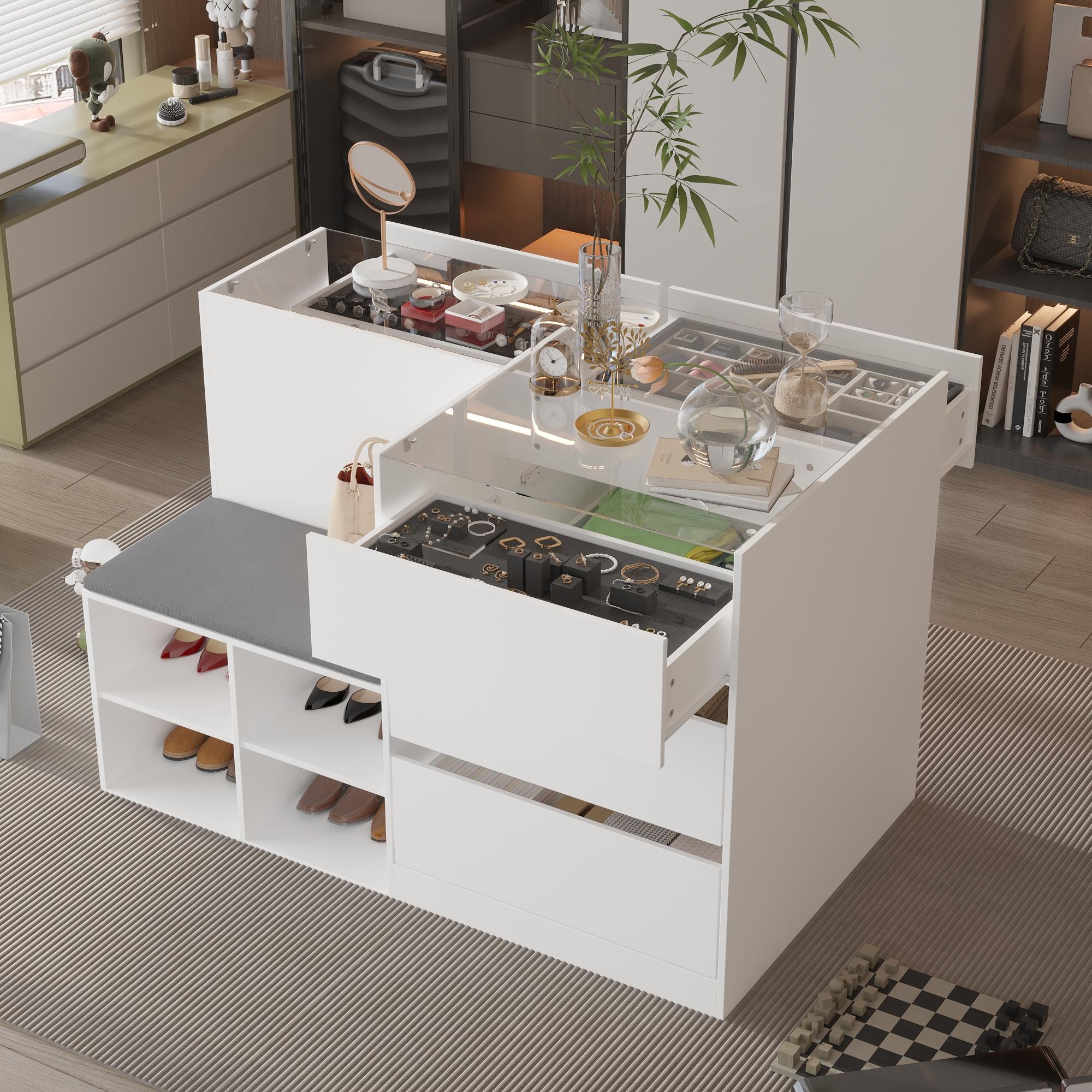 FUFU&GAGA Bedroom Island Wardrobe Closet Island with Glass Tabletop Island Dresser with Display Shelf Closet