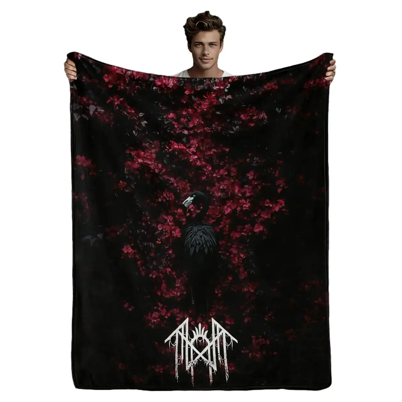 Black Flamingo Red Floral Dark Metal Band Logo Blanket Dark Gothic Raven Throw Blanket Soft Cozy Plush Fleece Bed Blanket for Couch Sofa Bedroom Decor, Black Crow Nature Art Blanket for Teens and Adults, Lightweight Warm Home Blanket, Birthday Gifts