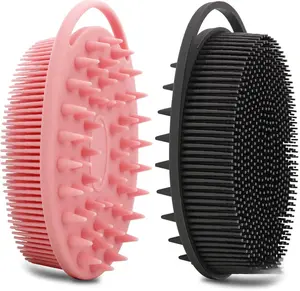 2 Pack Silicone Body Scrubber Loofah Double-Sided Brush for Sensitive Skin Kids Women Men Black & Pink Quick Foaming Deep Cleaning Scalp Massager Shampoo Brush