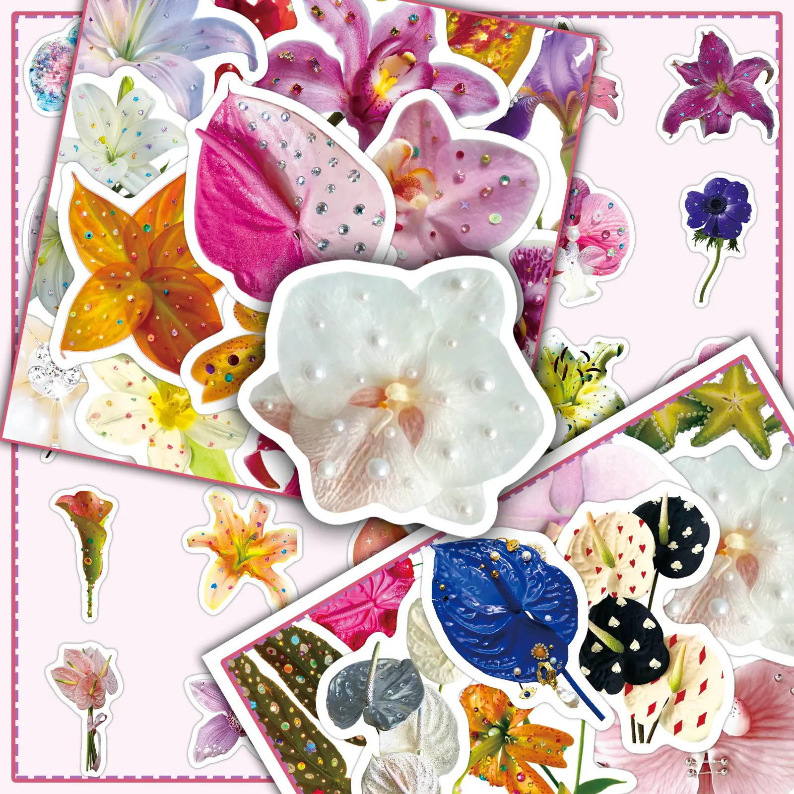 100-Pack Diamond Flower Stickers - 2 Glitter Floral Designs, Crystal-Inspired Decals for Guitars, Phone Cases & DIY Crafts (Iridescent Vinyl, 3D Sparkle Effect)