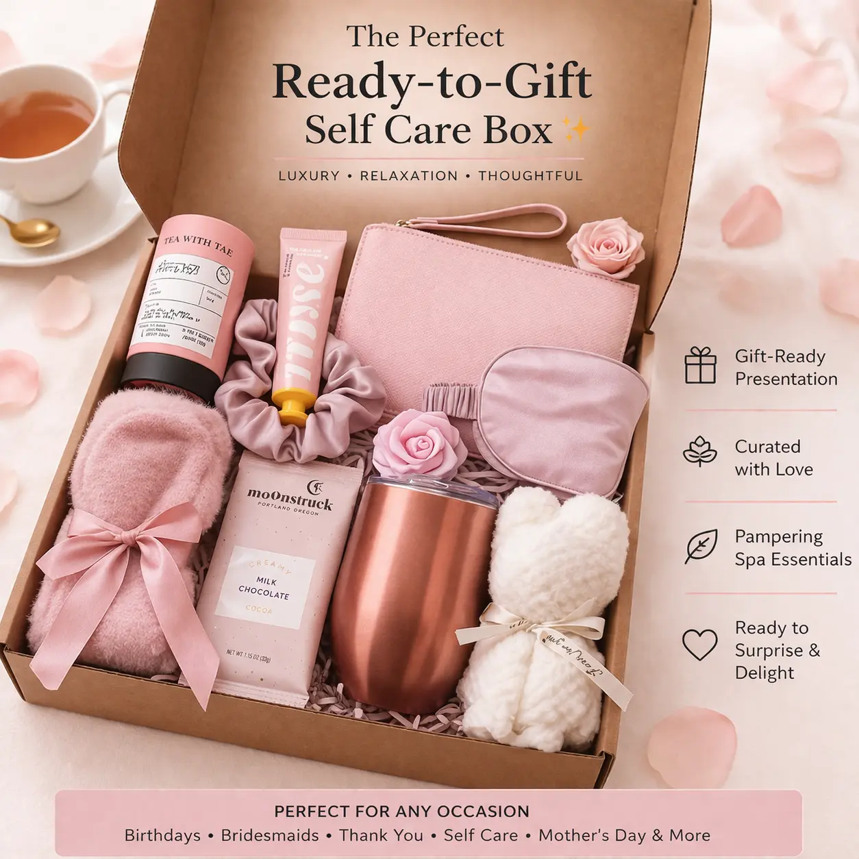 Taniri Luxury Mothers Day Box - Self-Care Soothing Gifts for Mom, Personalized Ready-to-Gift Set with Insulated Cup, Jewelry Box, Fuzzy Socks, Satin Sleep Mask, Silk Scrunchie & Chocolate, Gift Basket