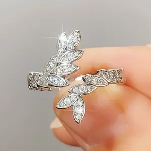 Leaf Shaped Adjustable Ring for Women – Dazzling Zirconia Finger Jewelry, Silver Color Delicate Accessories for Party, Daily Wear, Gift for Her, Elegant Open Design