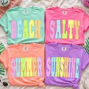 Comfort Color Summer Sunshine Salty Beach Shirt, Retro Neon Summer Tee, Coastal Vacation Shirt, Rainbow Typography Beachwear, Cute Tropical Graphic Tee, Preppy Beach Outfit - DPCLICK