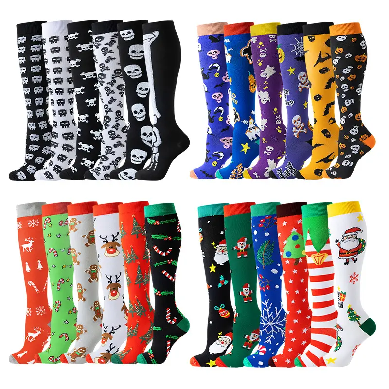 Unisex Compression Stockings (6 Pairs), 15-20 mmHg Knee-High Durable Support Socks with Assorted Patterns for Sports, Dark and Light Colors, 6 Pairs - Dark And Light Colors 5
