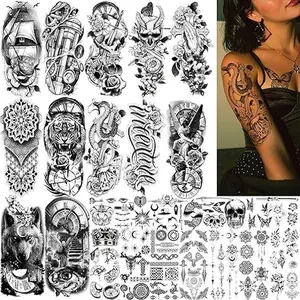 96PCS Temporary Tattoo Fake Tattoos Stickers Henna Tattoo Men Body Arm Chest Shoulder Realistic Temporary Tattoos for Women Black Lion Skeleton