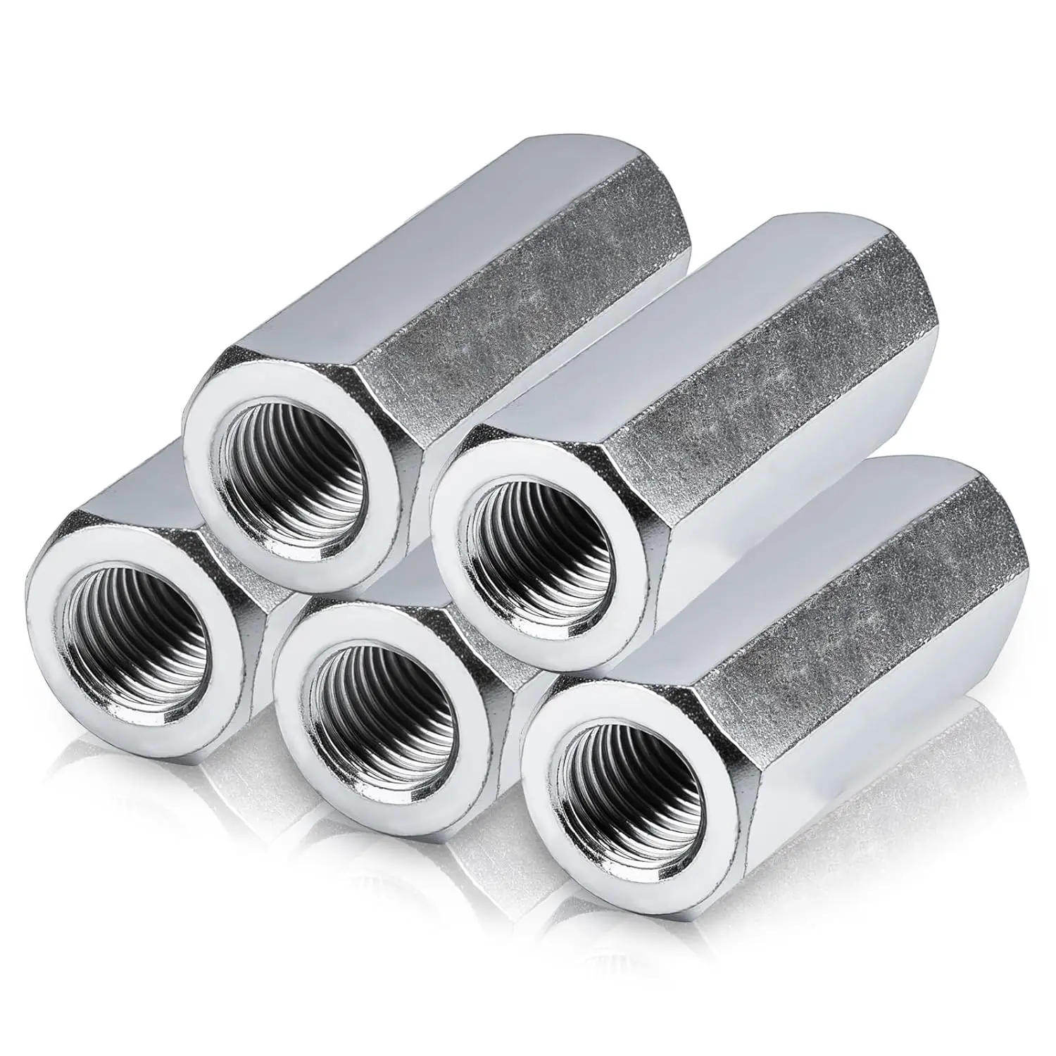 5 Pcs Zinc-Plated Hex Coupling Nuts, 3/8-24 x 1-1/8 in Thread Connectors for Mechanical Hardware Tools, Hex Nuts