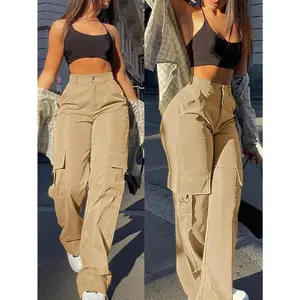 Women'S High-Waisted Cargo Pants - Brown, Loose Fit, Flap Pocket Design, All-Season Casual Streetwear, Casual Streetwear |   Relaxed Fit Pants |   Durable Fabric Womenswear Bottom Solid Trouser Basic Minimalist