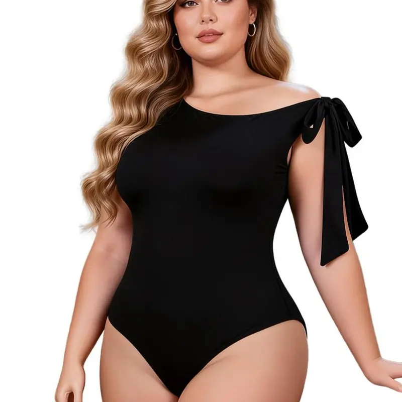 Womens Sexy Bodysuits One Shoulder Sleeveless Solid Body Suit Tops Scoop Neck Bow Knot Jumpsuits Soft Stretchy Womenswear Body Suit Tops Thong Leotard Clubwear Slim Fit Ribbed Basic Tee S-3XL