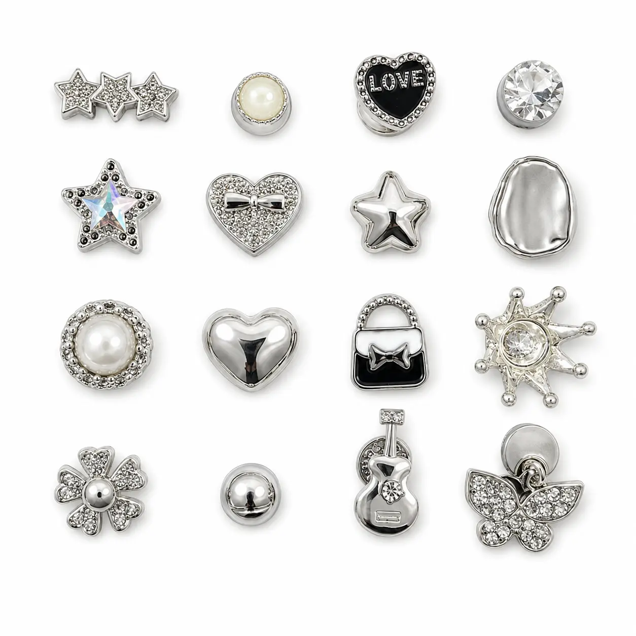 20PCS Silver Shoe Accessories Set, Rhinestone Star Heart Pearl Flower Guitar Butterfly Decorations for Clog Shoes