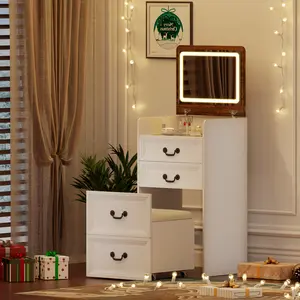 Miuvanity Makeup Dressing Desk with Flip-up LED Mirror Glass Top 6-Compartment Storage & Soft PU Stool Adjustable Lighting Modes Brightness