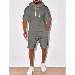 2-Piece Casual Solid Color Hoodie Set - Men's Short Sleeve Sweatshirt And Shorts Outfit For Spring And Summer Daily Wear