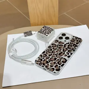 6 Piece Set Feather Transparent Leopard Print Phone Case, Charger Head Cover, Cable Protector, Storage Rope, Data Line Protection for iPhone