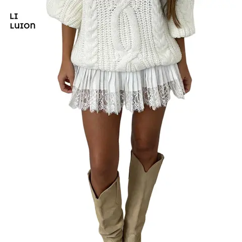 Women's Lace Mini Skirts Casual Low Waist Solid Color Loose Fit Pleated Skirts Summer A-line Skirts