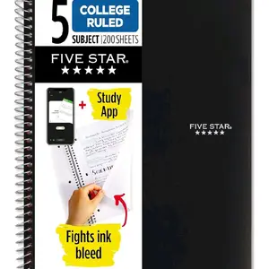 Five Star Spiral Notebook + Study App, 5 Subject, College Ruled Paper, 8-1/2" x 11", 200 Sheets, Fights Ink Bleed, Water Resistant Cover, Black (72081)