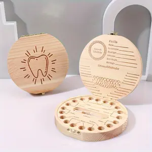 1pc Children's Baby Tooth Box Baby Fetal Hair Collection Baby Teeth Preservation Commemorative Box, Wooden Tooth & Umbilical Cord Storage Box Halloween Christmas Gift