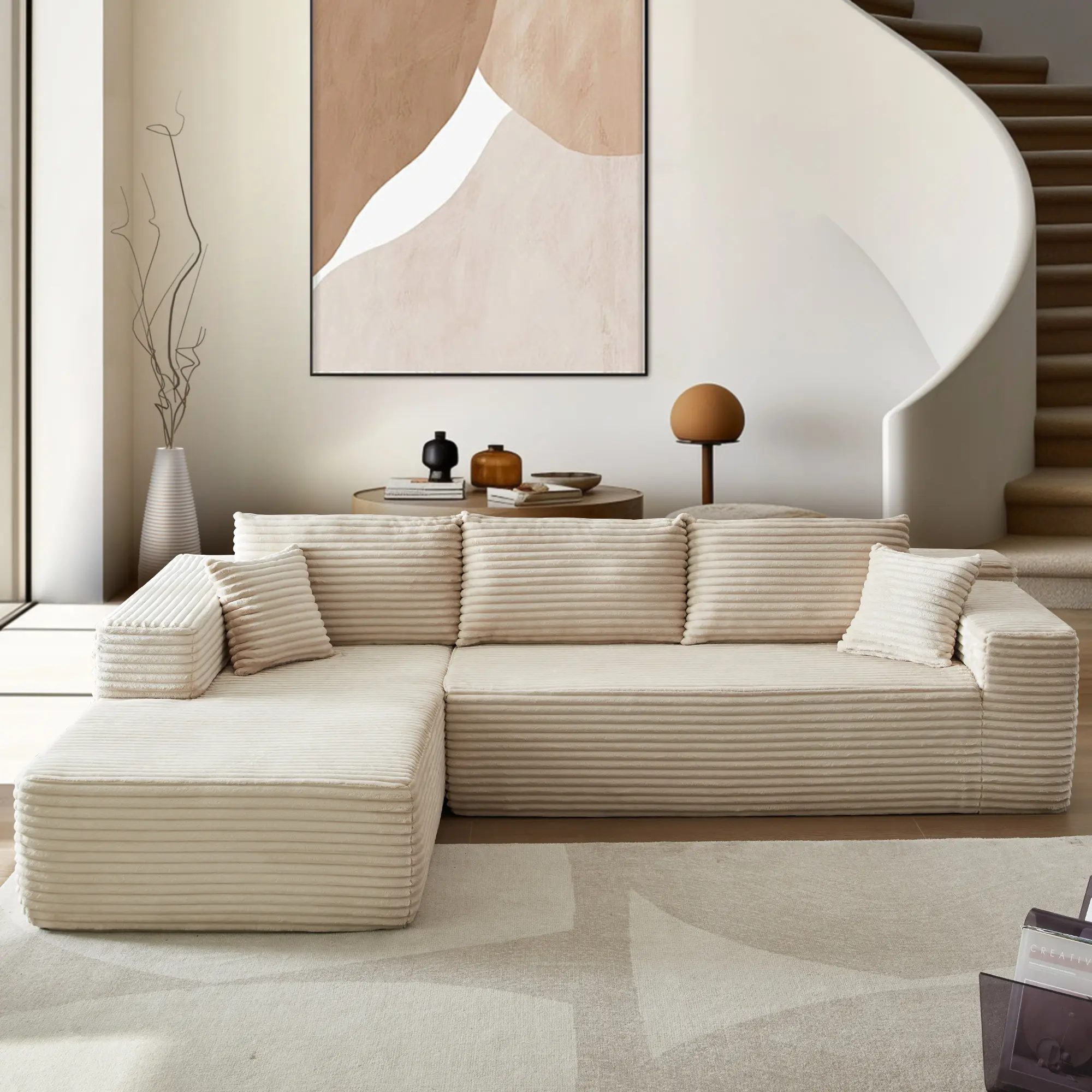 2*Beige Plush Corduroy Left Chaise