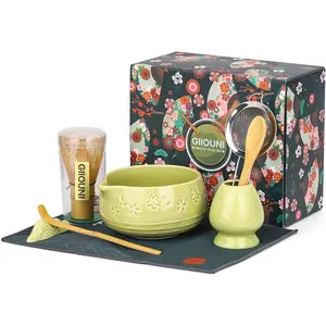 8-Pcs Japanese Ceremony Matcha Whisk Set Ceramic Matcha Kit with Bowl Chasen Holder Scoop Rest Sifter, Gift for Matcha Lovers Women Mom Friend - Matcha Green