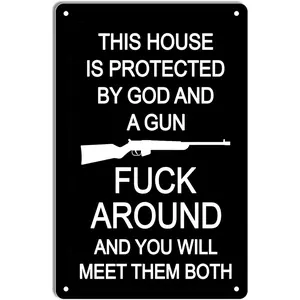 This House is Protected By God and a Gun Metal Tin Sign,Man Cave Wall Decor No Trespassing Signs Hanging Iron Painting Plaque for Home Kitchen Bar Coffee Shop 8x12inch