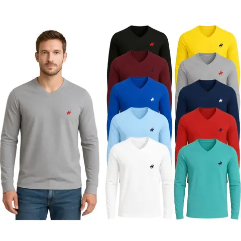 (4-Pack) Men's Long Sleeve V-Neck T-Shirts Classic Cotton