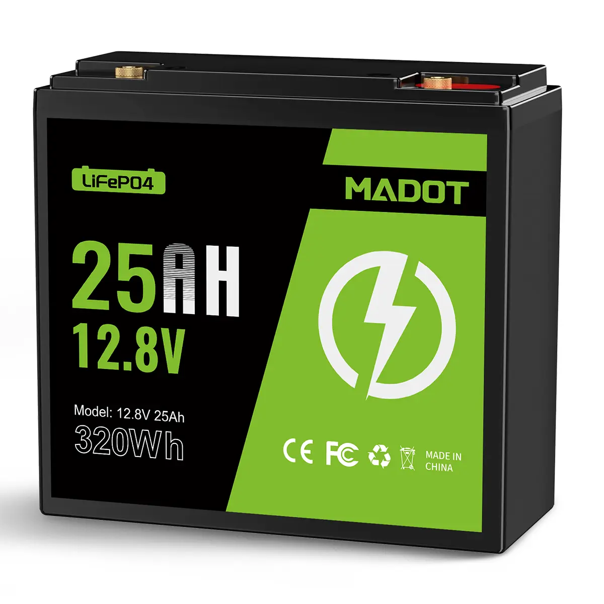 MADOT 12V 25AH LiFePO4 Lithium Battery , 320Wh, Built-in BMS, 3000+ Deep Cycles Rechargeable Lithium Iron Phosphate Battery Perfect for RVs, Trolling Motor, Camping Gear, Solar