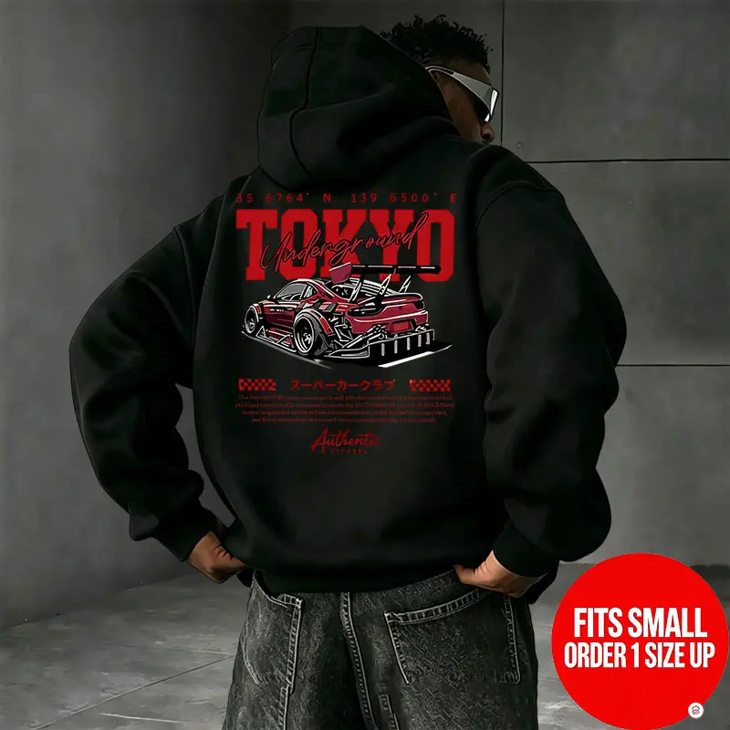 Tokyo Underground Racing Print Hooded Sweatshirt, American Street Racing Graphic, Loose Pullover Hoodie for Men & Women, Retro Casual Top 【Runs small, order one size up】