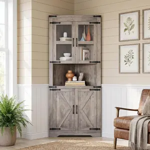 Rustic Farmhouse Tall Corner Cabinet – 67 Inch Tall Corner Cabinet with Glass Door & Adjustable Shelves, Corner Display Cabinet for Kitchen, Living Room & Bathroom