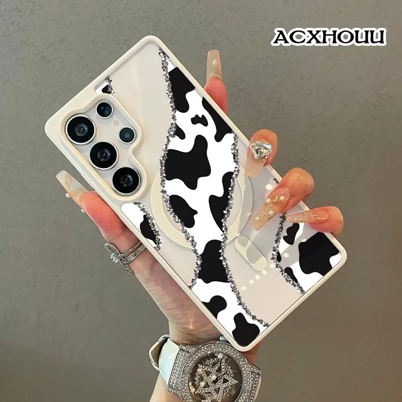 Samsung Magnetic Cow Print Collage Smartphone Case - Durable Acrylic Back Casing & Cover, Easy Installation, Shock Protection Accessory for S23 Ultra, S22+ Handheld Devices
