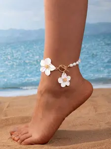 Women's Elegant Charming Floral Faux Pearl Anklet, Pearl Accents, Zinc Alloy Chain, Perfect Beach Vacation Jewelry Gift, Valentine's Day Party Accessory
