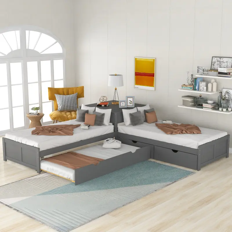 L Shaped Bed Twin Corner Bed with Storage Drawers Linked with Built-in Desk, Wooden Twin Platform Bed with Trundle for 3 Teens Adults ,Twin Size