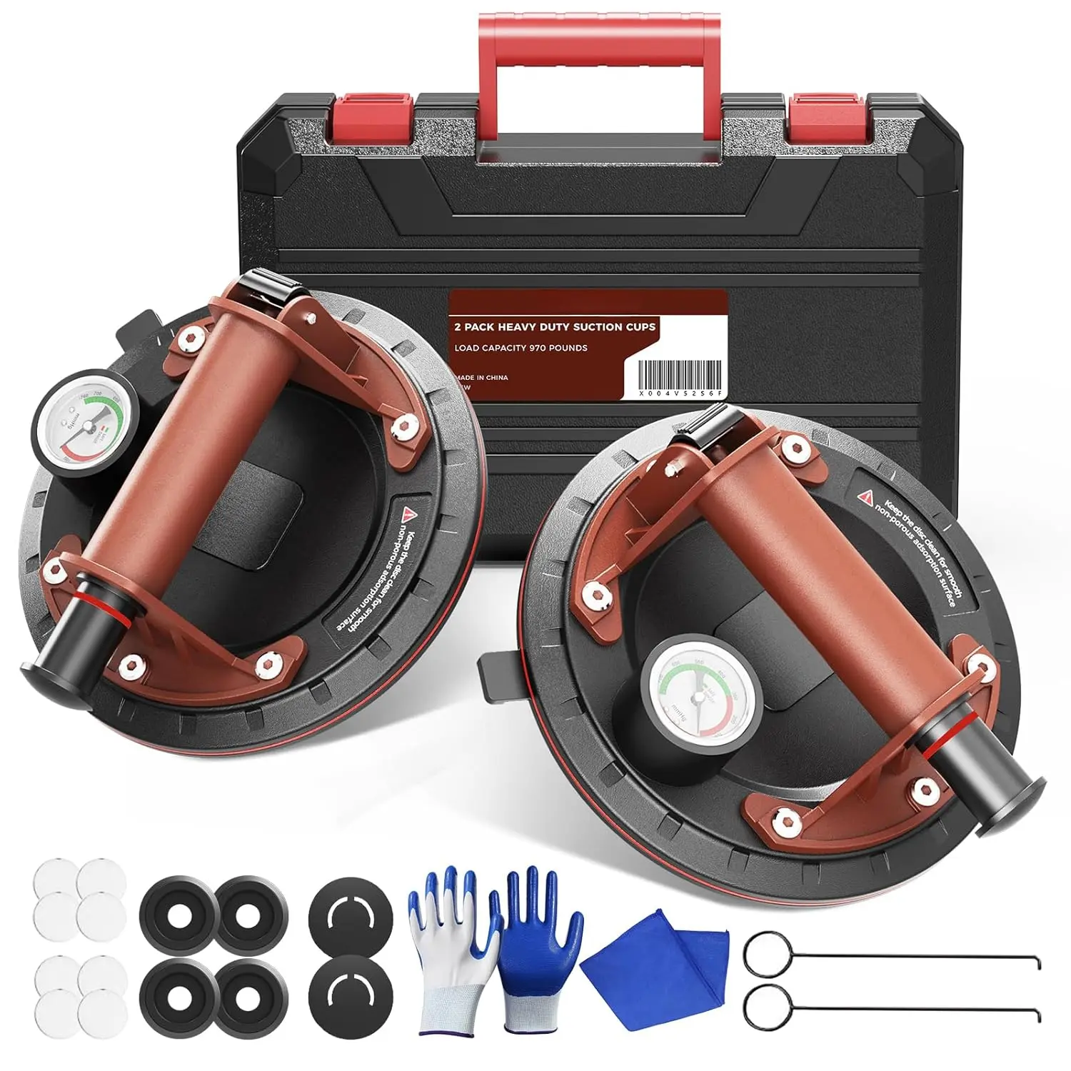 Heavy Duty 8-in Suction Cups (2 Pack) Car Body Repair Tool, 485lbs High Load Cap. with Durable Handle, Pump & Carrying Case for Lifting Heavy Objs, Glass, Large Tile