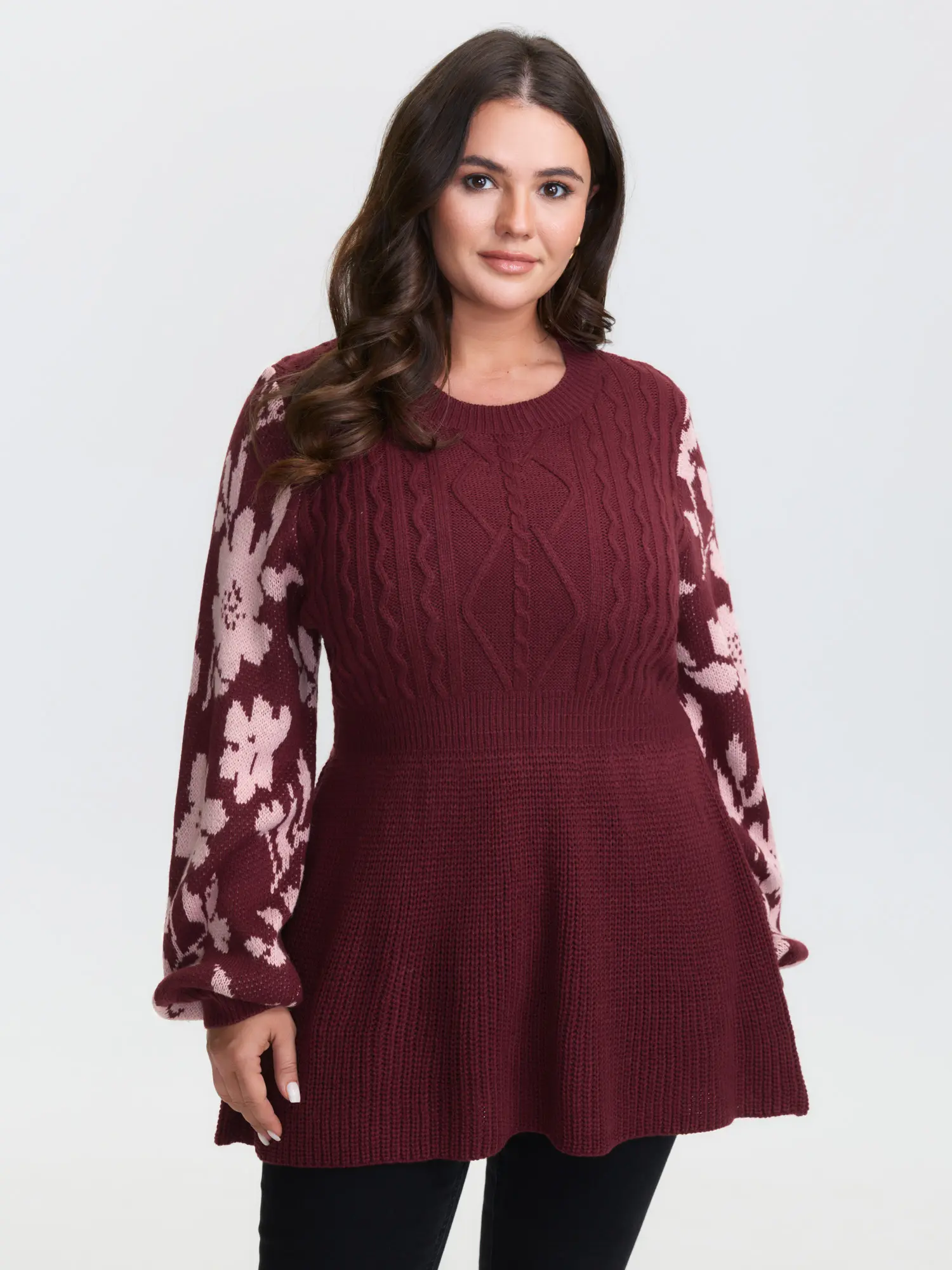 【 Comfy Chic】Bloomchic Cableknit Floral Cinched-Waist Pullover Scarlet Long Sleeve Bodycon Medium Stretch Round Neck Timeless Style Fit Knitwear Women Womenswear Fitted, Knitting, Longsleeves Fit ,Summerfinds Fit