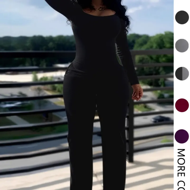 Women's Sexy Fitted Plain Basic Long Sleeve Elegant Fashion, Fitted Shape, Womenswear, Fall & Winter Fashion, Low Neck Pocket Design, Jumpsuits With Pockets, European Style, Casual Wear, Party Club Jumpsuit