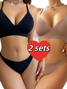 Women's Wireless Bra Set with Removable Pads, Adjustable Straps, Plain Light Color, Fitted Triangle Panties, All Seasons