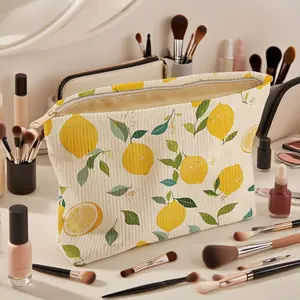 Lemon pattern printed corduroy makeup bag - Lightweight zipper inner lining makeup bag, multi-functional makeup storage, suitable for storing toiletries, cosmetics and stationery, Makeup Organizer Pouch