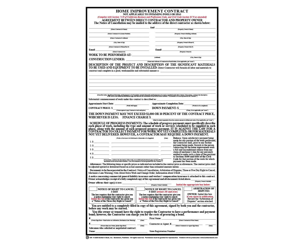 203 - Home Improvement Contract (Pack of 25 Forms)
