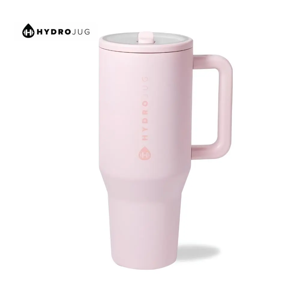 HydroJug Traveler 40 oz Water Bottle with Handle & Flip Straw Fits in Cup Holder Leak Resistant Tumbler Reusable Insulated Stainless Steel Rubber Base Gifts for Women Men Pink Sand