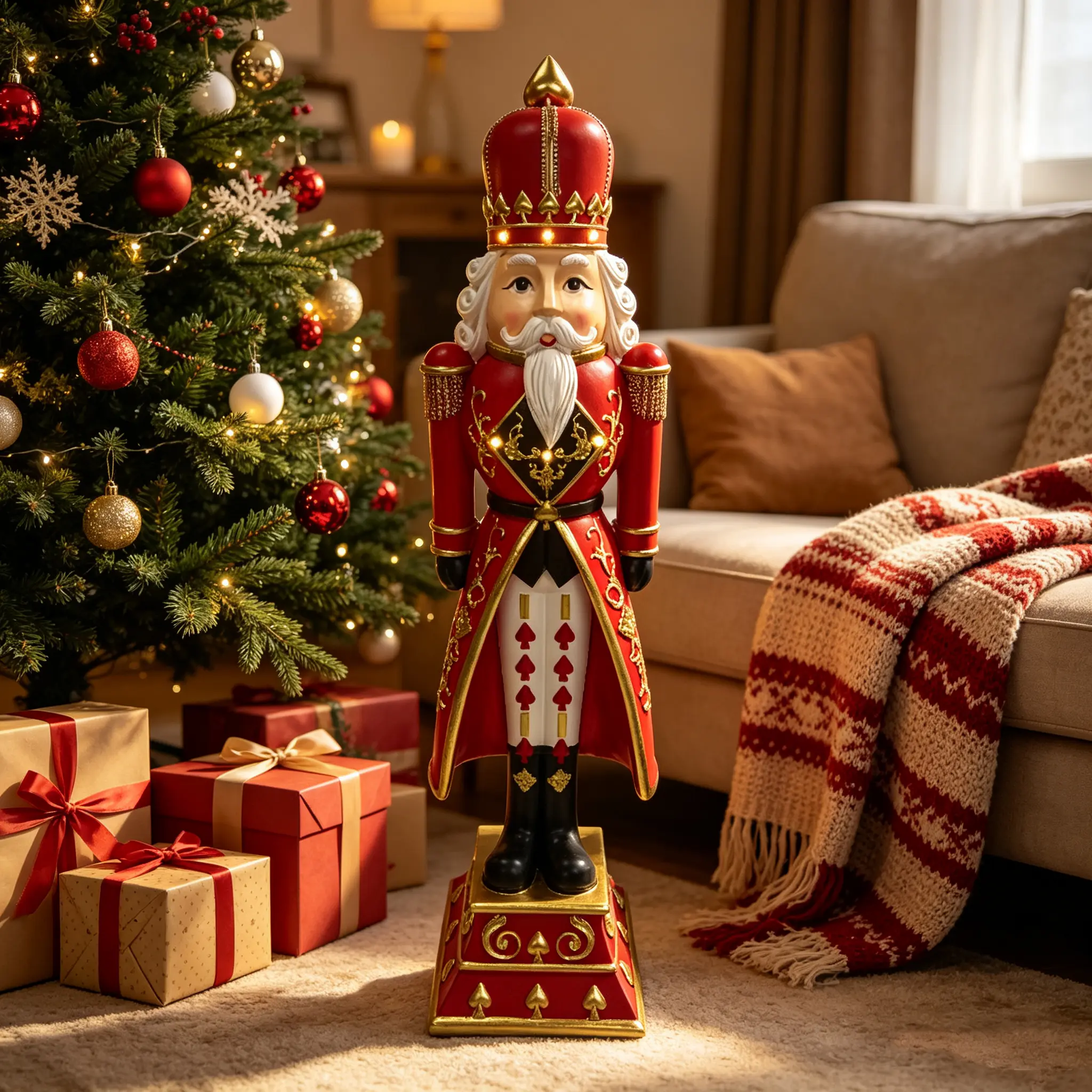 36'' Tall Christmas Nutcracker Soldier Statue, Red and Gold Holiday Figurine With Playing Card Pattern Decorated Base, Festive Ornament for Indoor Outdoor Xmas Home Patio Porch Decoration