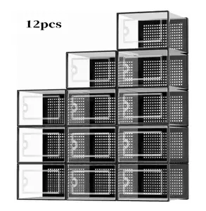 12-Pack Black Stackable Shoe Storage Boxes, Plastic Shoe Organizers with Lids, Large Shoe Containers for Closet, Under Bed, Entryway, Fits Men's Size 11 / Women's Size 12, for Sneaker Collectors & Small Homes
