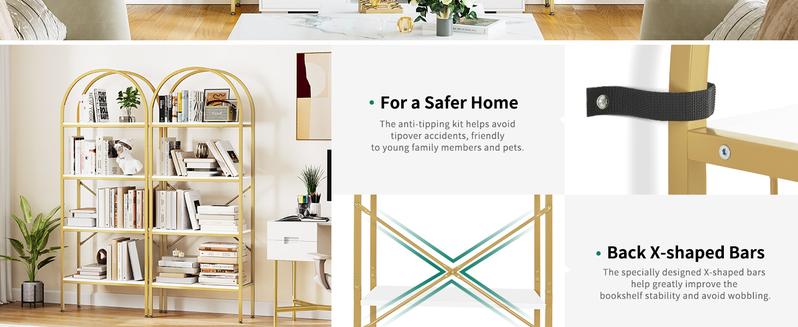 DWVO Gold Bookshelf and Bookcase, Tall Modern Open Arched Book Shelf, Freestanding Storage Display Rack Shelves for Living Room,Office,White&Gold