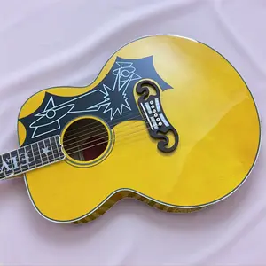 Jumbo Acoustic Guitar Vintage Yellow Pattern With Rocket Graphic Pickguard Star Letter Inlay