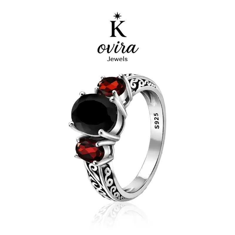 Kovira S925 Sterling Silver Vintage Inspired Fashion Ring - 5A Black & Red Zircon 3-Stone Unique Ring, Everyday Wear, Fine Jewelry Gift, Fashion Rings, Vintage Inspired Ring