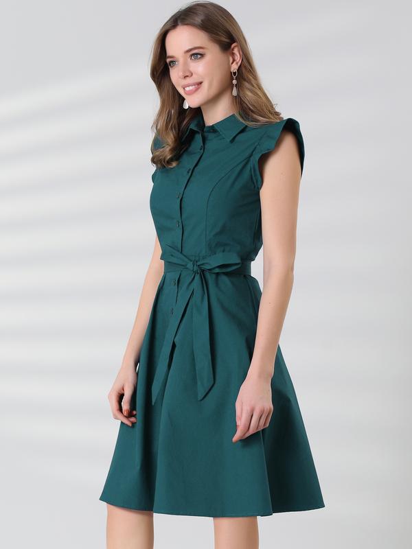 INSPIRE CHIC Women's Cotton Shirtdress Ruffled Sleeve Tie Waist Button Casual Office Dress, Dark Green