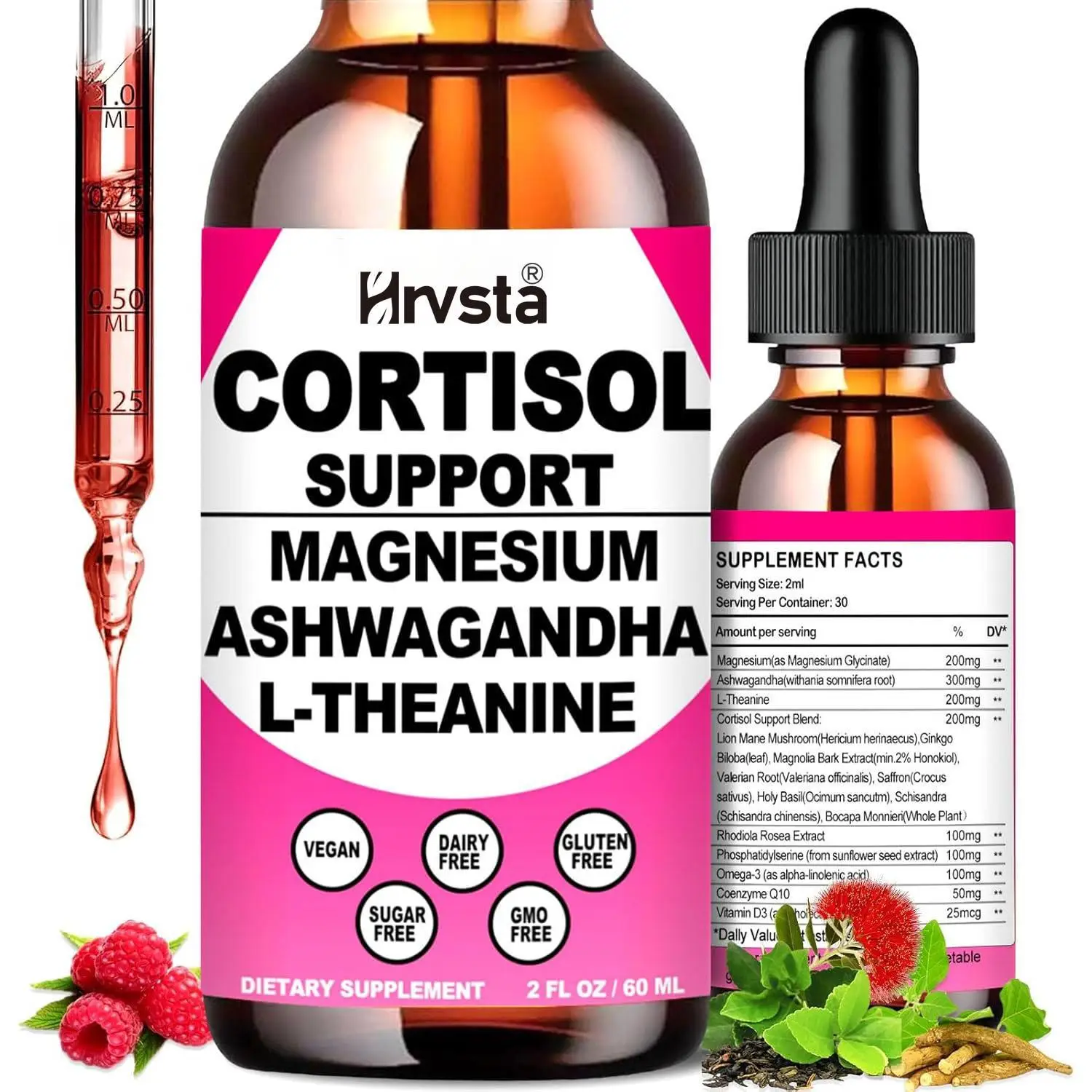 Hrvsta Cortisol Supplement Liquid Drops, 17-in-1 Cortisol Reducer w. Ksm-66 Ashwagandha Theanine Rhodiola Rosea Magnesium Phosphatidylserine, Hormone