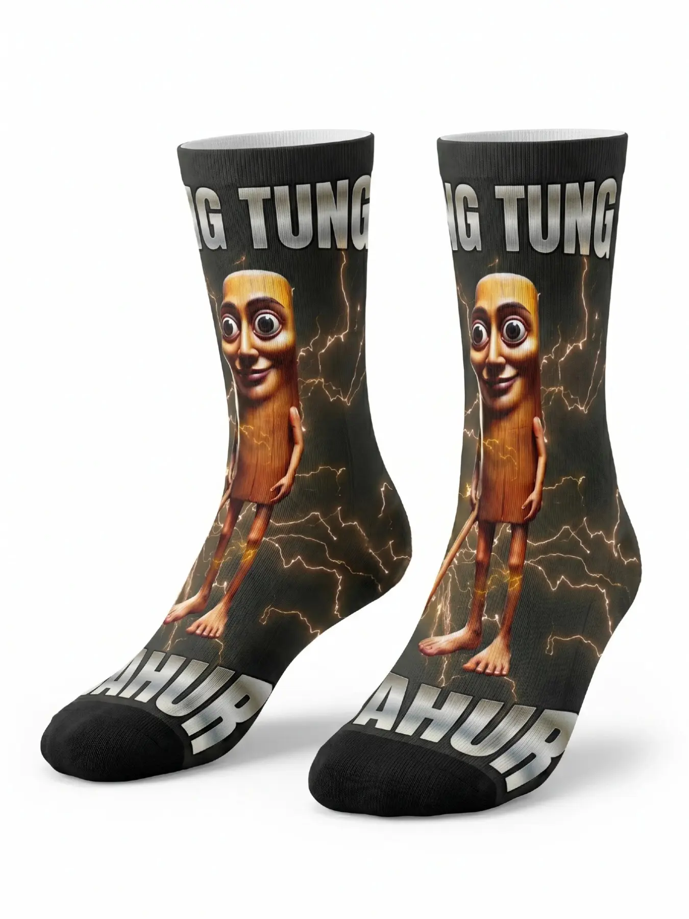 1/3 pair of BIIHUDU Men's Italian Brainrot Pinstripe Socks – Yellow “tung tung tung sahar” print socks, all-over print design