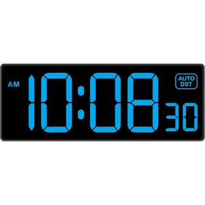 LED Wall Clock Digital Clock with Seconds, Electric Plug in Large Big Numbers Clock 5 Dimmers Wall Mount for Living Room, Auto DST, 10 Inches (Blue)